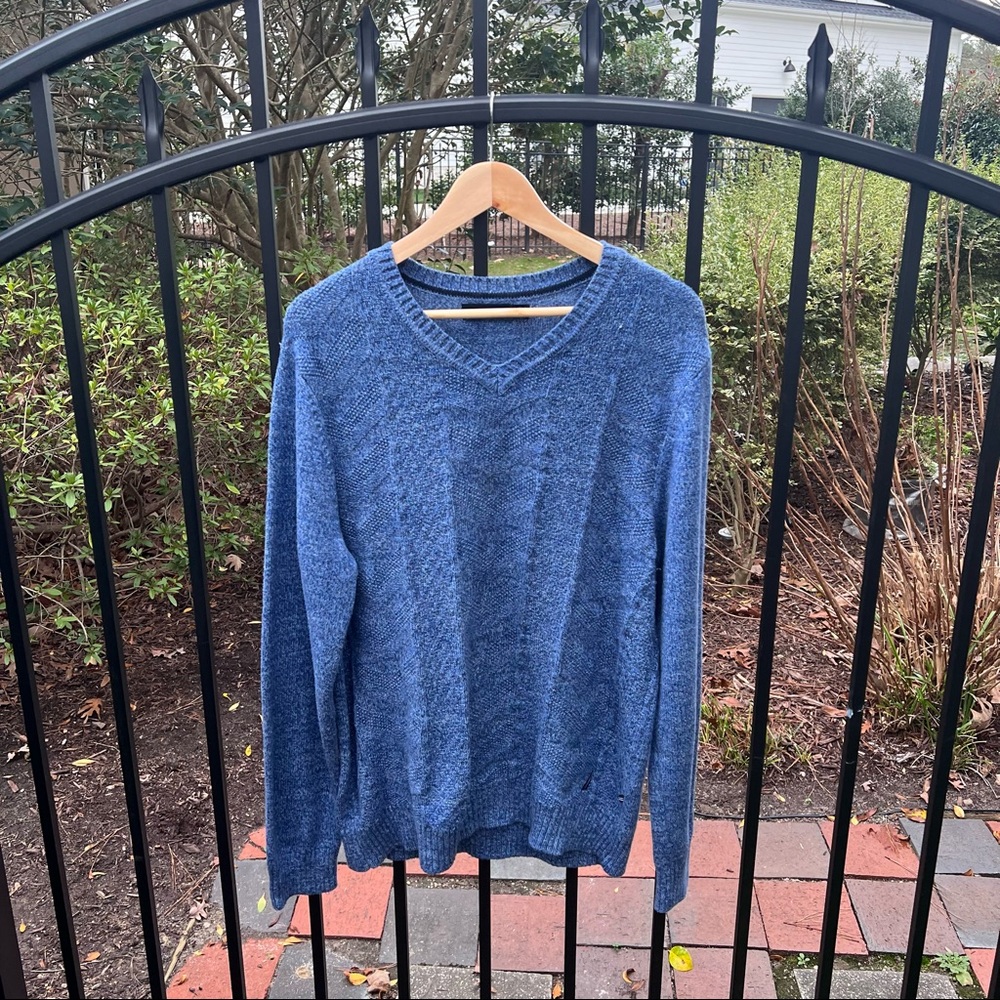 Nautica‎ Men’s Marled Blue Cotton Knit Pullover V-Neck Sweater Large